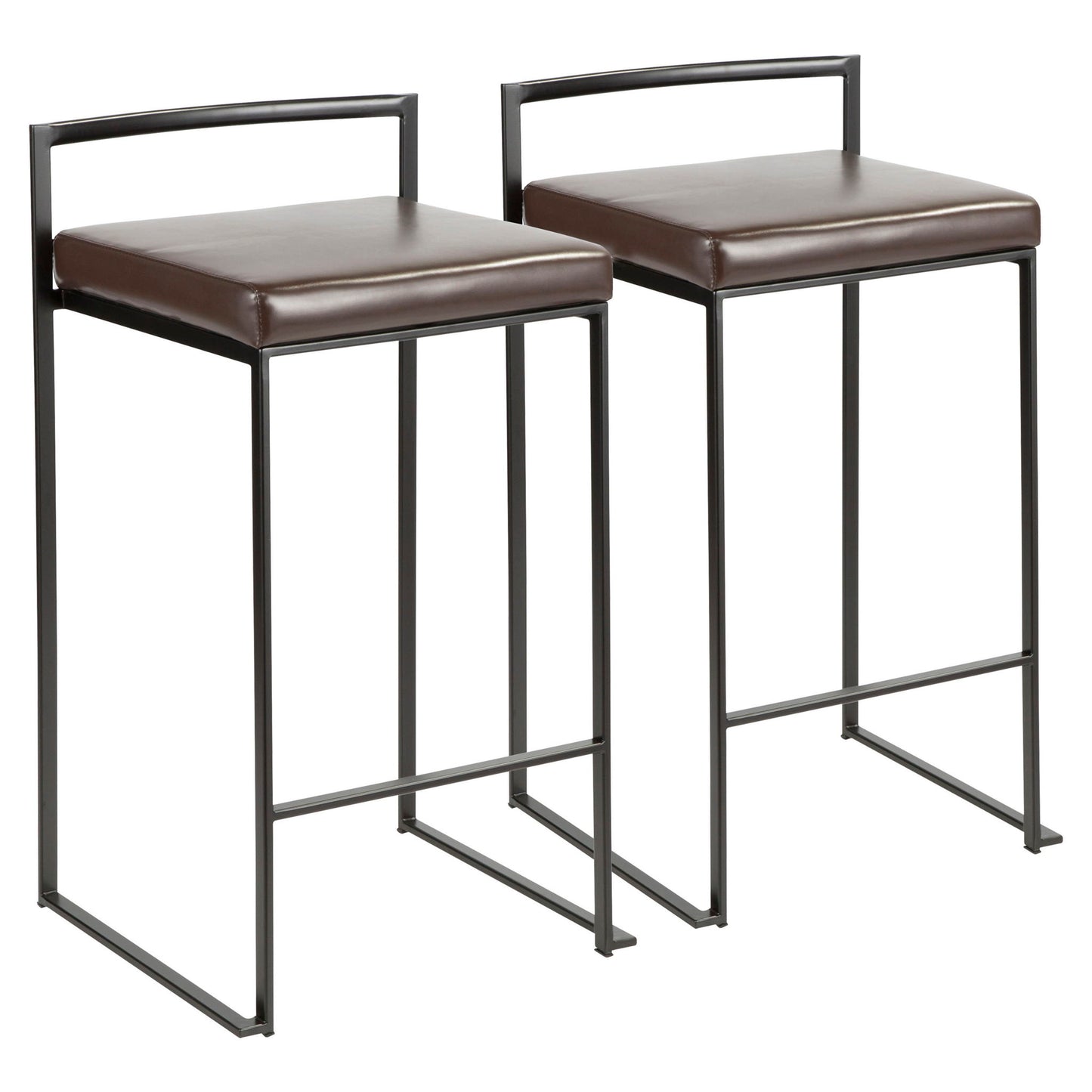 Set of two Fuji Contemporary Style stackable counter stools featuring metal frames, square dark brown cushioned seats, low straight backrests, minimalist design, and connecting footrests.