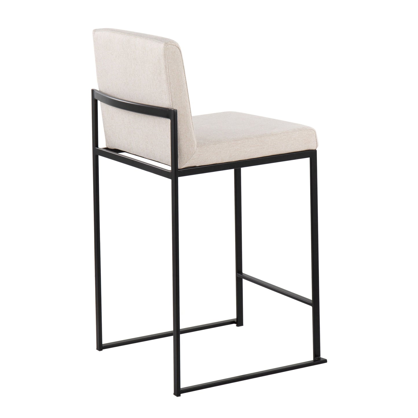 The Fuji - Contemporary Modern Elegance High Back Counter Stool features a beige cushioned seat and backrest on a sleek black metal frame with a rectangular base and no armrests, angled slightly to the left.
