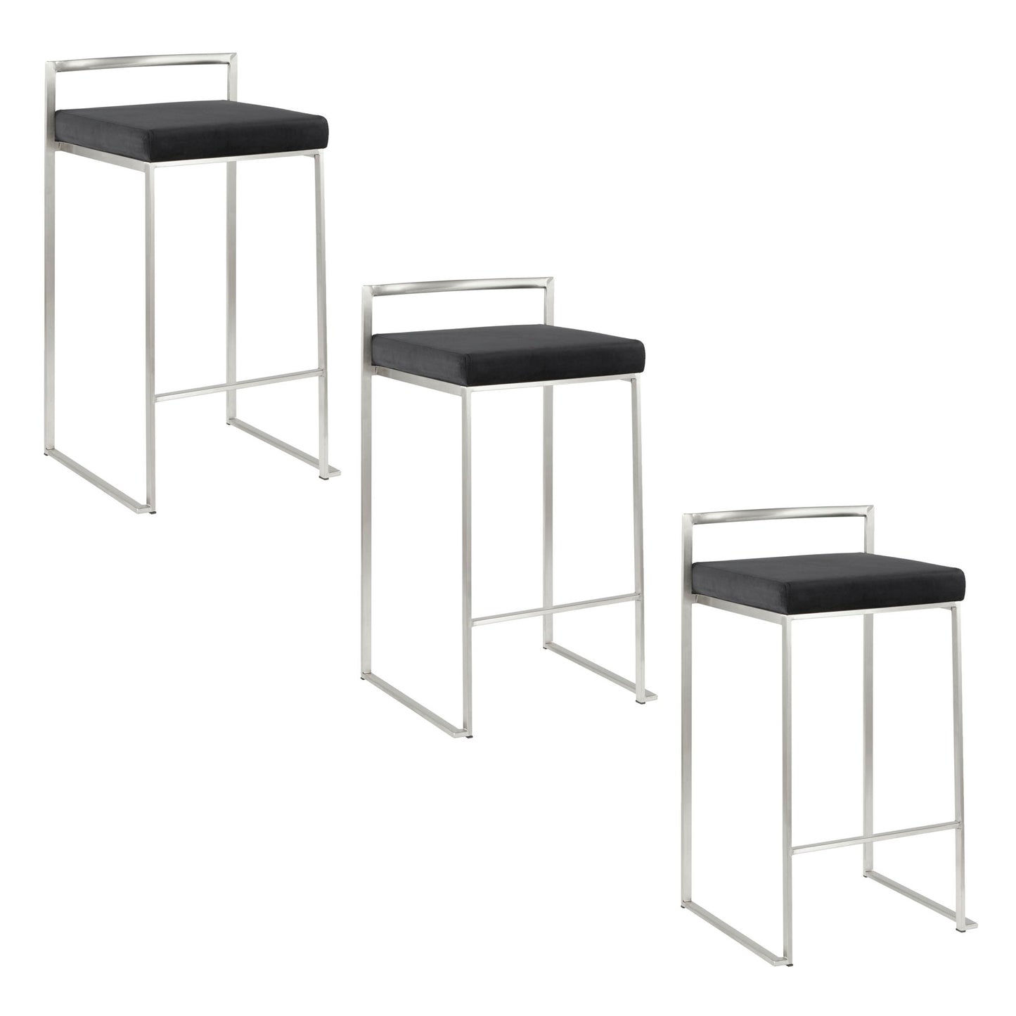 A set of three Fuji - Contemporary Elegant Stackable Counter Stools with silver metal frames, black cushioned seats, low backrests, and minimalist design are arranged diagonally against a white background.