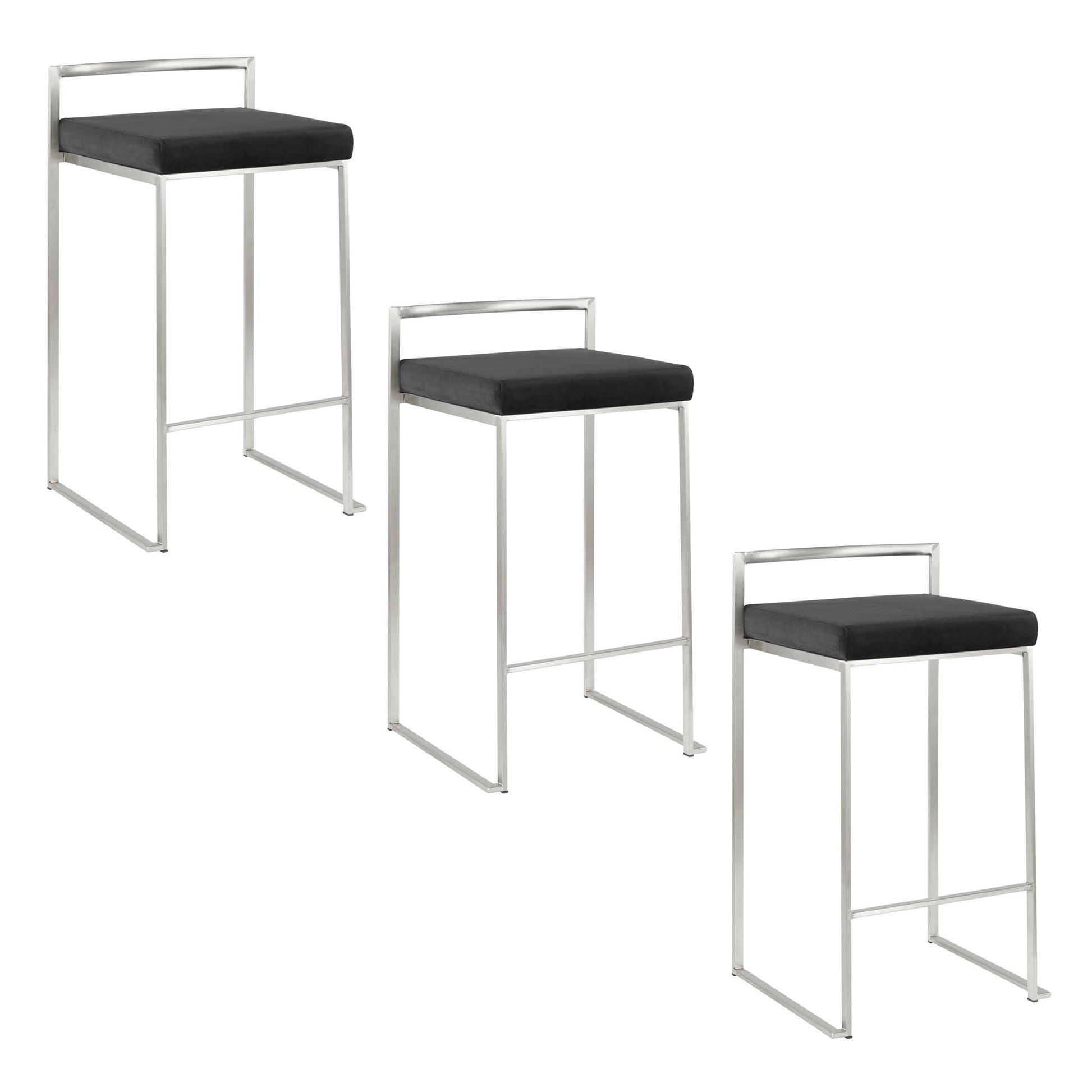 A set of three Fuji - Contemporary Elegant Stackable Counter Stools with silver metal frames, black cushioned seats, low backrests, and minimalist design are arranged diagonally against a white background.