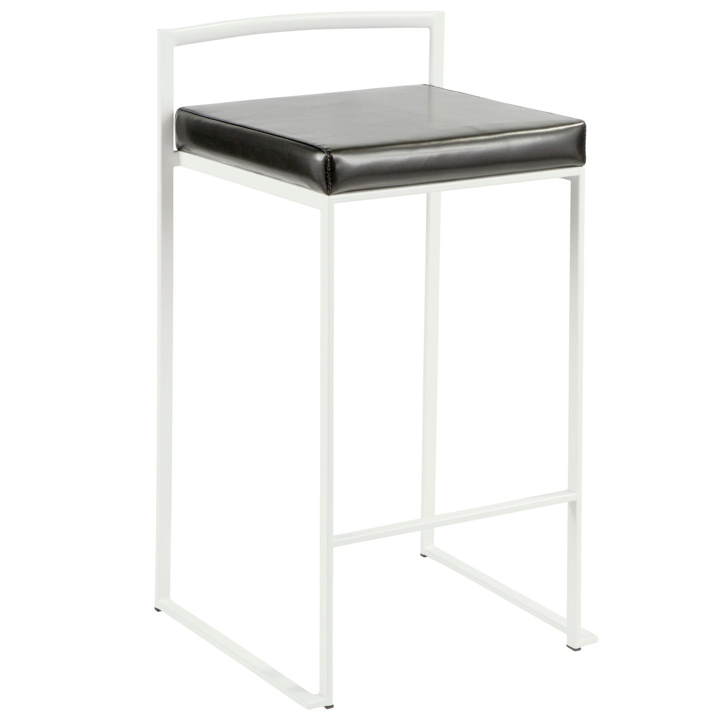 The Fuji - Simple Elegance, Contemporary Stackable Counter Stool features a white metal frame, square black cushioned seat, minimalist design, low backrest, and open sides.