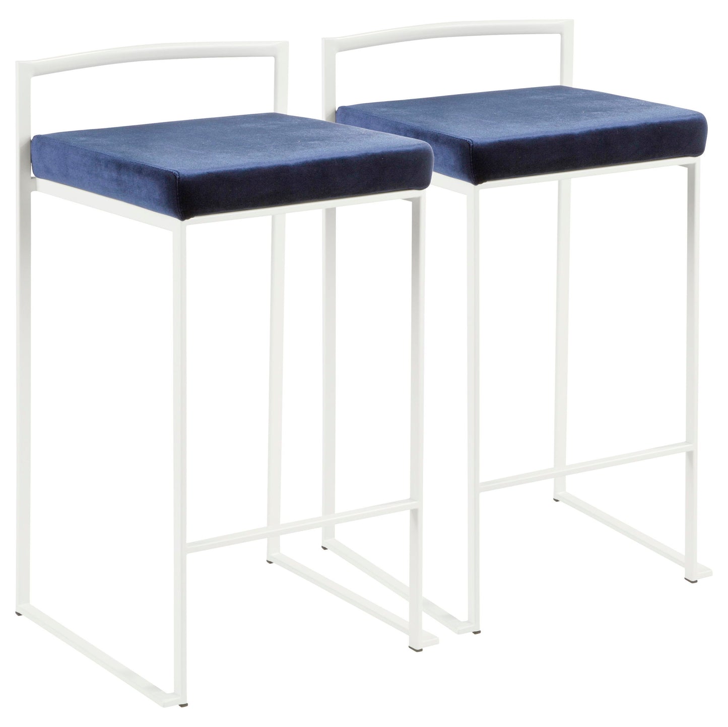 The Fuji - Simple Elegance, Contemporary Stackable Counter Stool features two modern bar stools with white metal frames, square navy blue cushioned seats, low backrests, and minimalist open-leg designs.