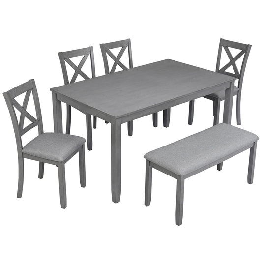 6 Pieces Kitchen Dining Set, Rectangular Wooden Dining Table With 4 Chairs And A Bench