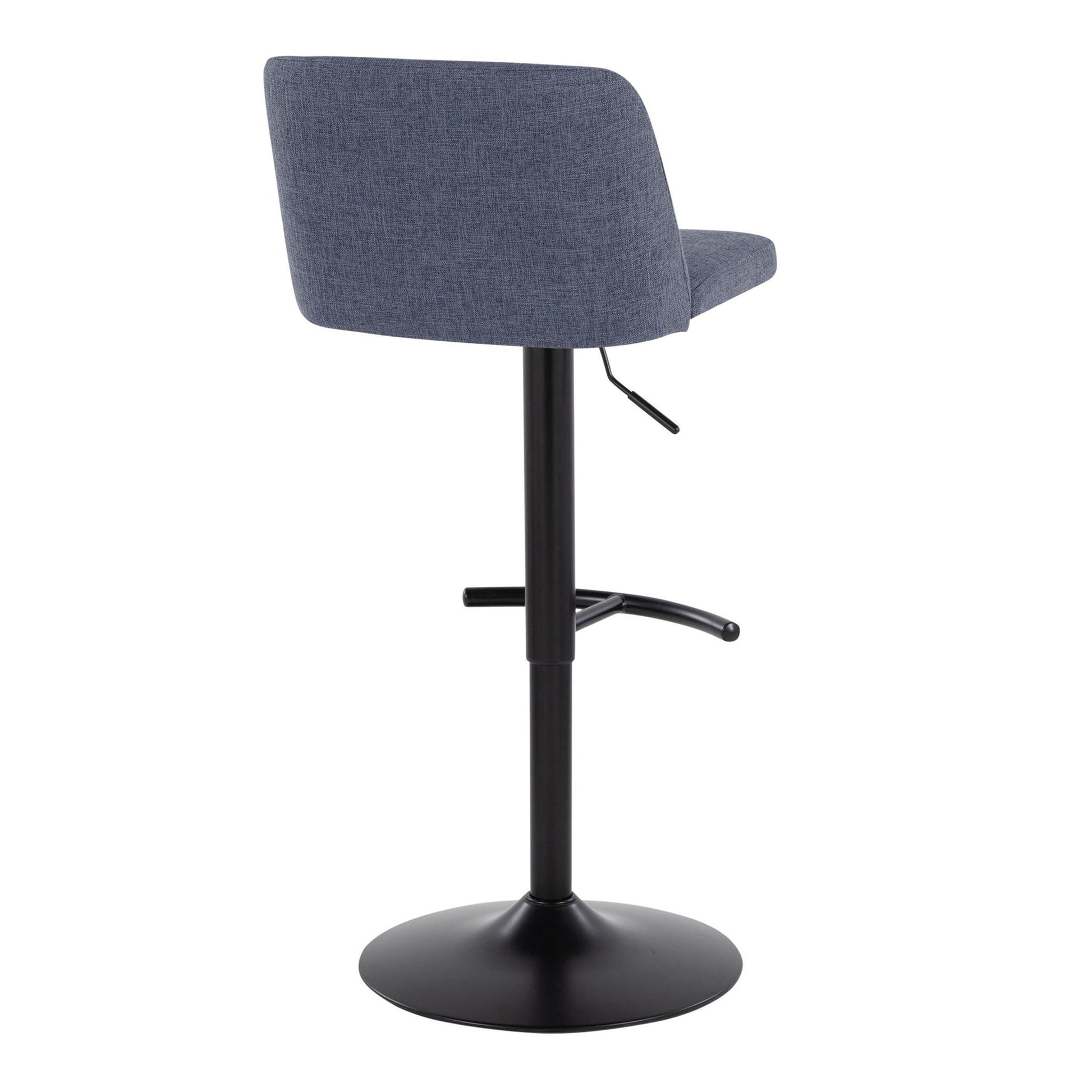 The Toriano Contemporary Adjustable Bar Stool (Set of 2) features a blue upholstered backrest and seat, a black metal pedestal base, rounded T footrest, adjustable height lever, and is shown from the back.