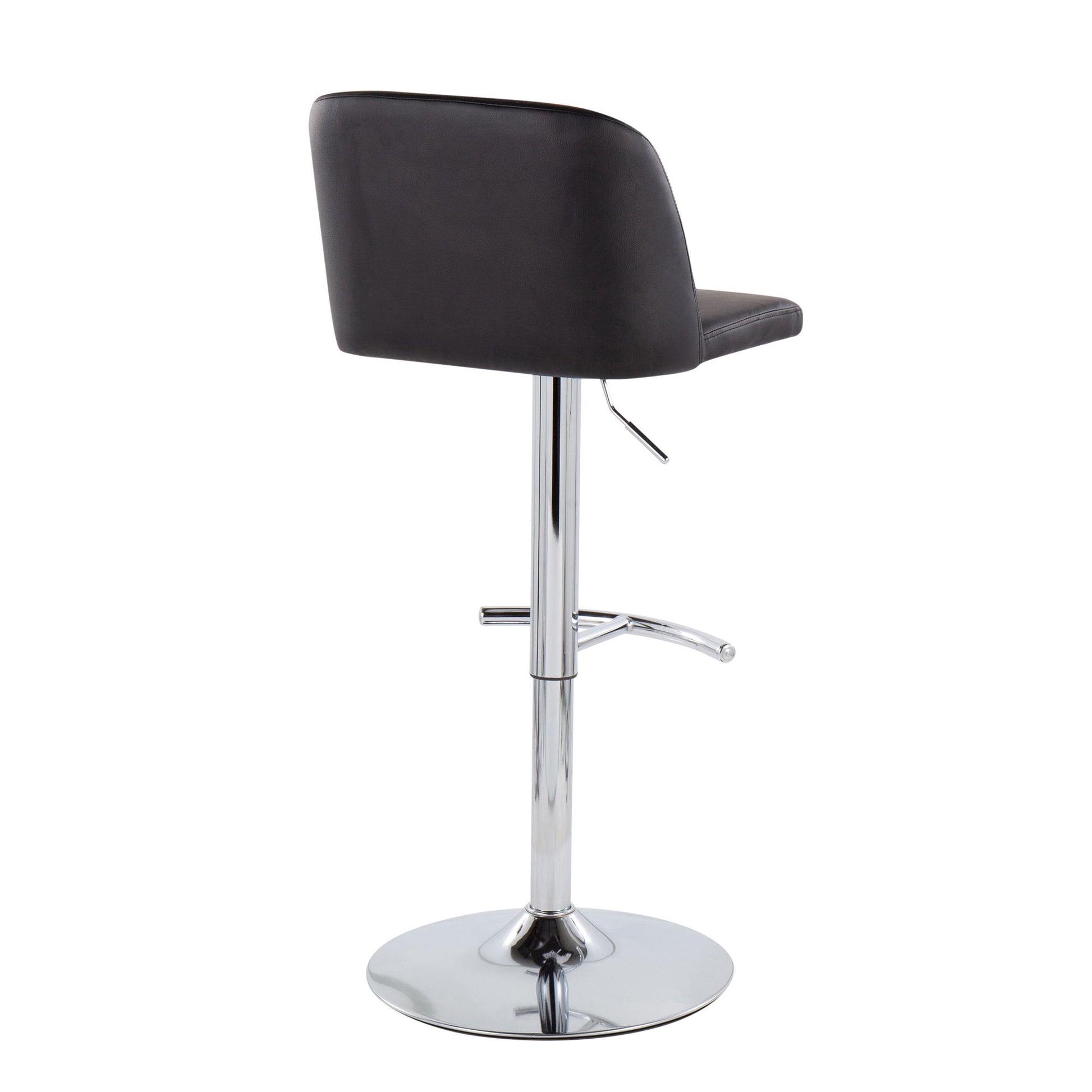 The Toriano Barstool set features a black cushioned seat and backrest, shiny chrome base, adjustable height lever, swivel function, and rounded T footrest—shown here from the back.