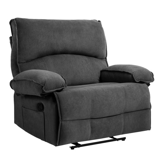 The Oversized Manual Recliner Chair Sofa for Living Room is a large, padded dark gray recliner with armrests, a high back, side pocket, plush upholstery, and an extended footrest revealing the reclining mechanism.