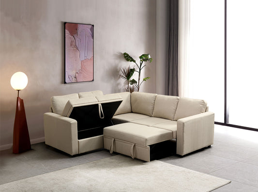 The Comfort Design Sectional Sofa Bed in beige features a lift-up seat with storage, positioned by a large window with sheer curtains. A round lamp, abstract wall art, and a leafy plant enhance the modern living room setting.
