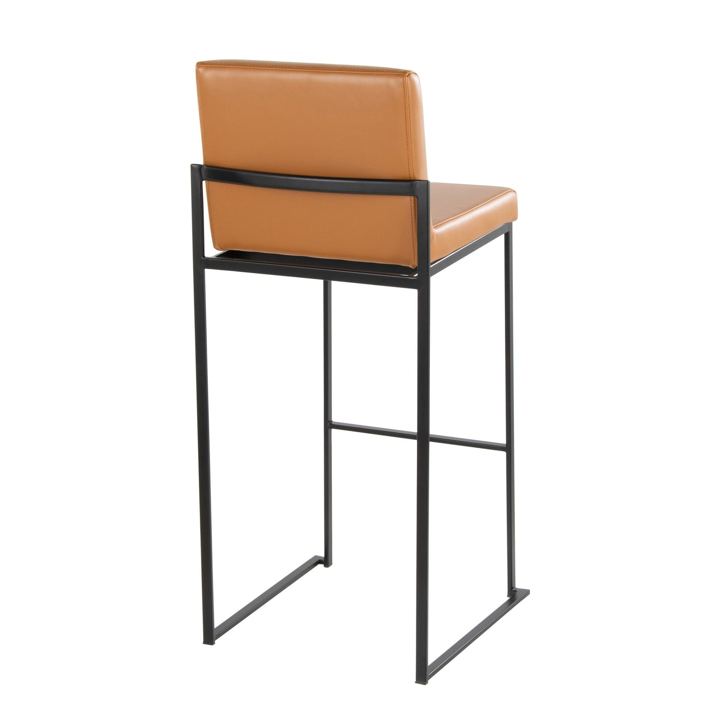 The Fuji - Contemporary High Back Barstool features a tan leather seat and backrest with a sleek black metal frame, displayed from a rear side angle for an elegant, modern look.