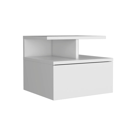 The Floating Nightstand Wall Mounted in white features a single drawer, two-tier shelf, and clean, minimalist design for modern style.