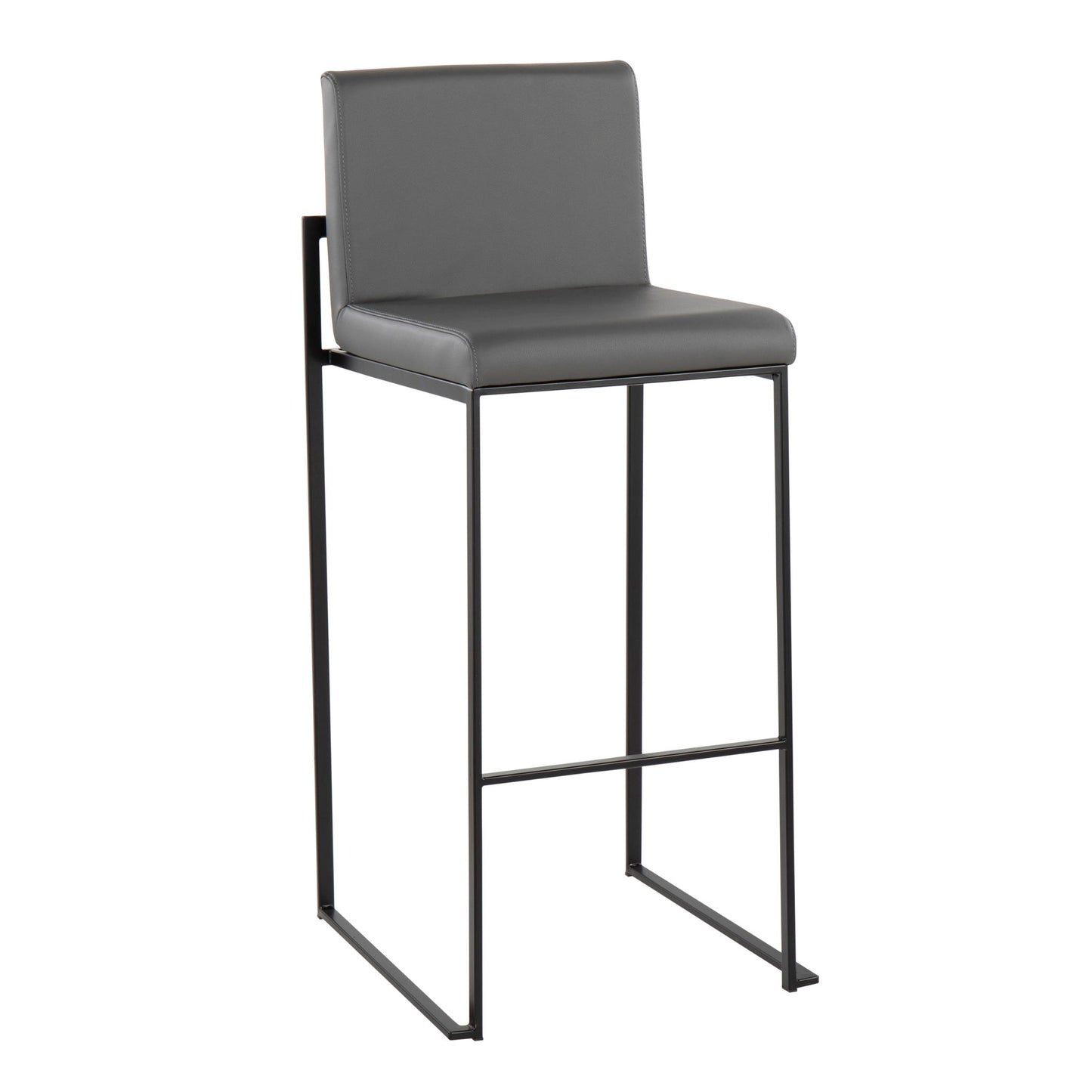 The Fuji - Contemporary High Back Barstool features a sleek gray cushioned seat and backrest on a slim black metal frame, offering an elegant design with an integrated footrest for modern style and comfort.