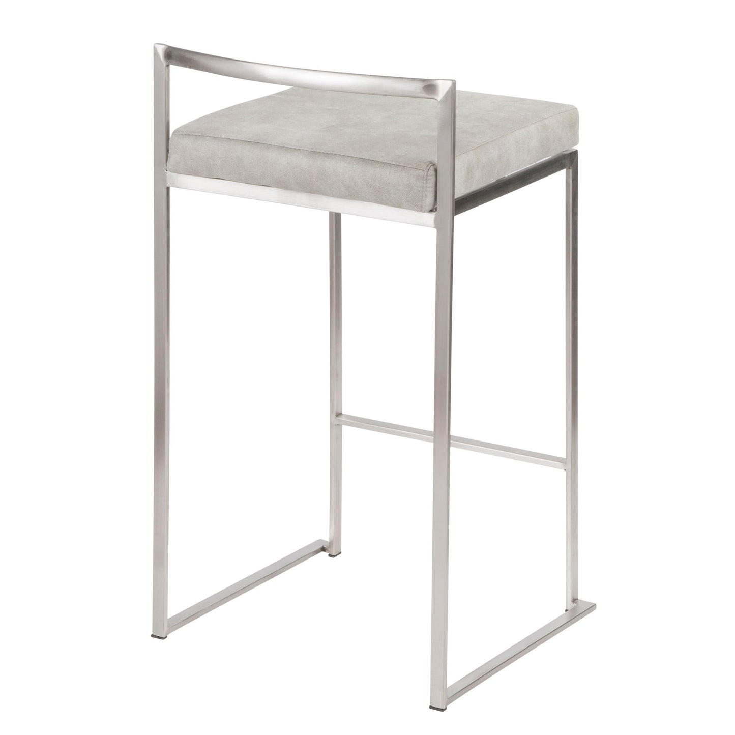 The Fuji - Contemporary Elegant Stackable Counter Stool Set features a minimalist metal frame with a rectangular base, light gray cushioned seat, slim backrest, and open sides for a modern look.