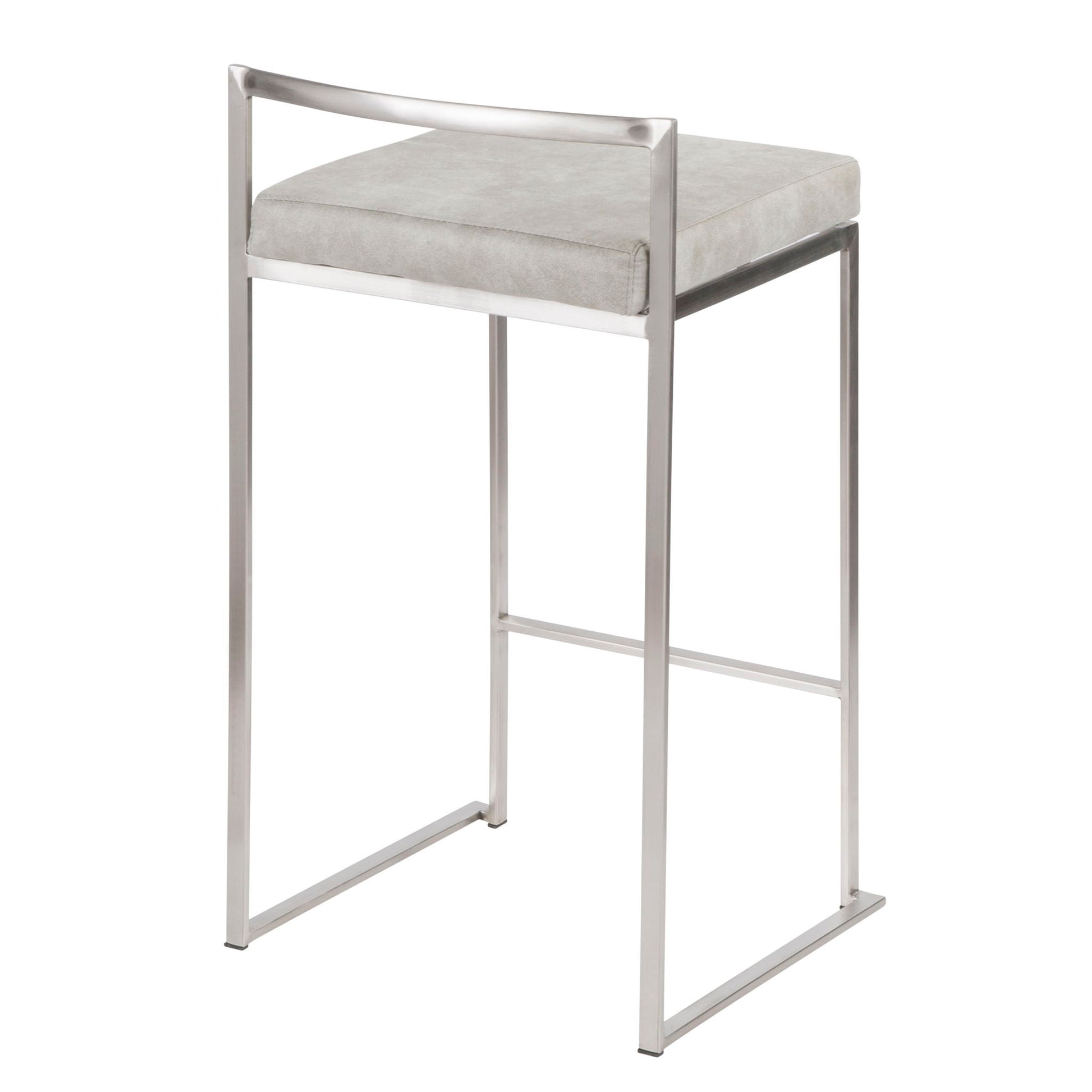 The Fuji - Contemporary Elegant Stackable Counter Stool Set features a minimalist metal frame with a rectangular base, light gray cushioned seat, slim backrest, and open sides for a modern look.