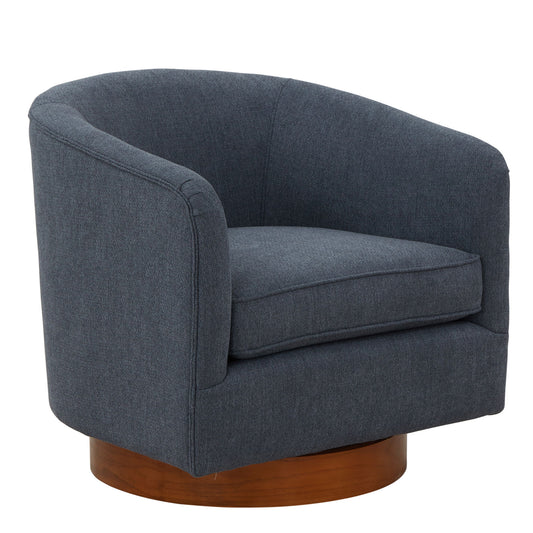 The Miramar Swivel Barrel Chair features modern, dark blue upholstery, a curved backrest and seat cushion, and rests on a round wooden base.