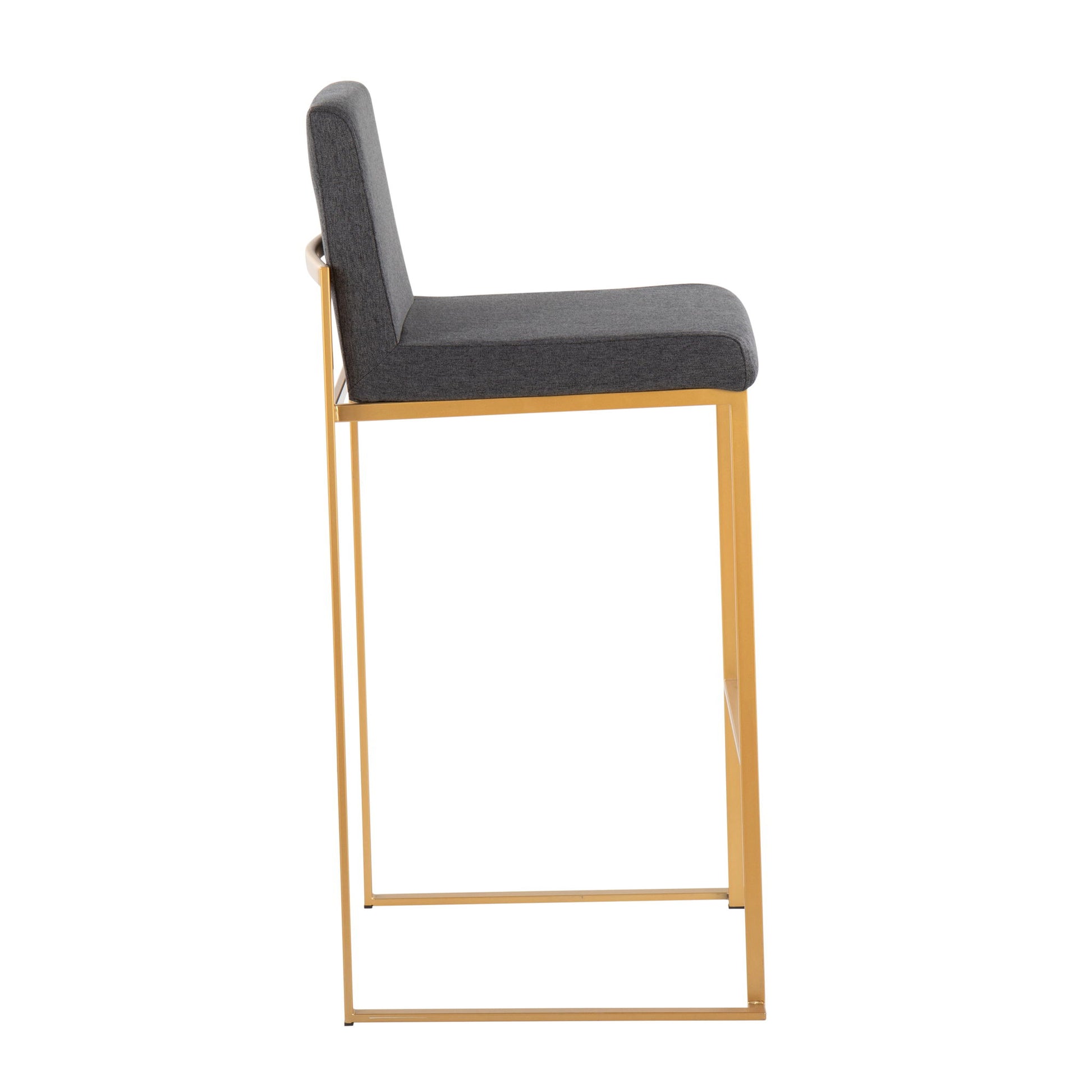 Side view of the Fuji - Contemporary Design High Back Barstool (Set of 2) featuring a dark gray cushioned seat and backrest, sleek gold metal frame, minimalist straight legs, and a high back.
