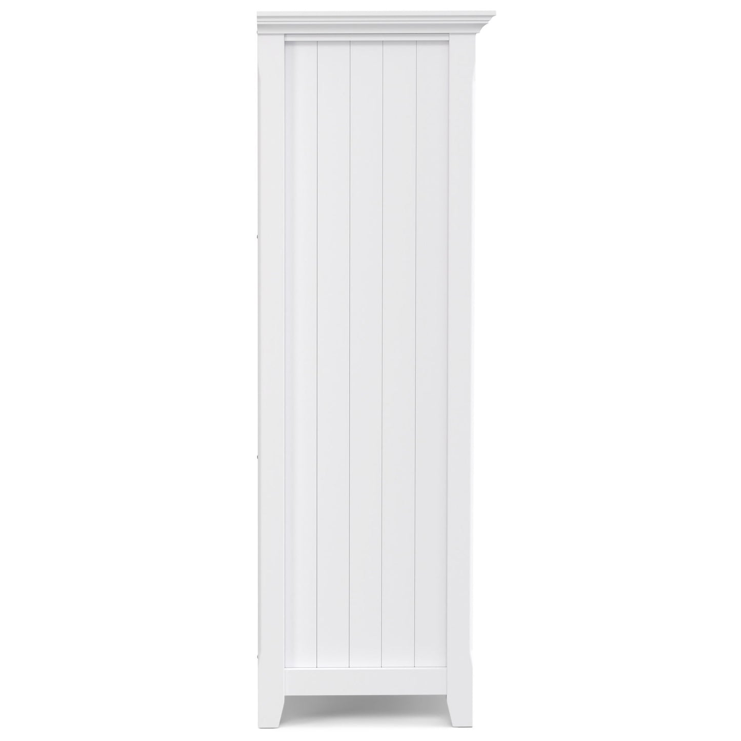 The Acadian - Handcrafted Cube Storage is a tall, white wooden cabinet with vertical panel detailing and a crown molding top, shown from the side.