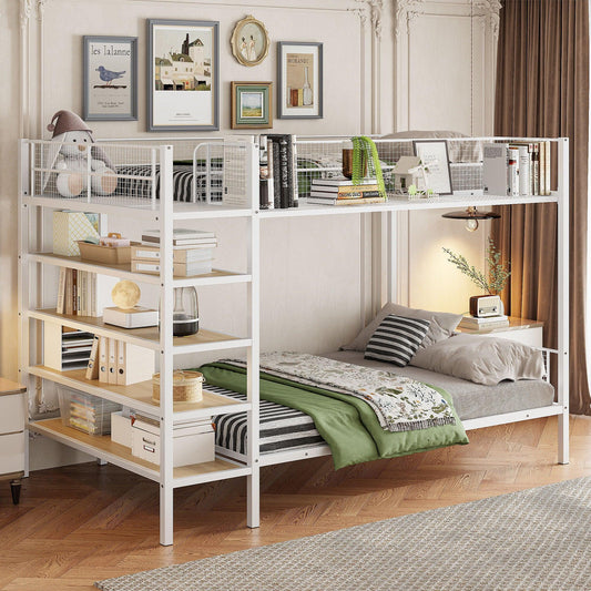 A modern bedroom features the Bunk Bed With 5 Tier Shelves, displaying books and decor. A plush toy sits atop the upper bunk, while patterned bedding and a green blanket cover the lower bed. Framed pictures accent the cream walls.