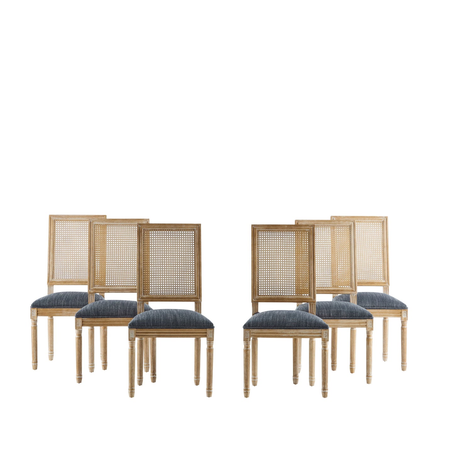 Six French Country Dining Chairs with rectangular cane backrests and smooth upholstered seats are arranged in two rows against a white background.