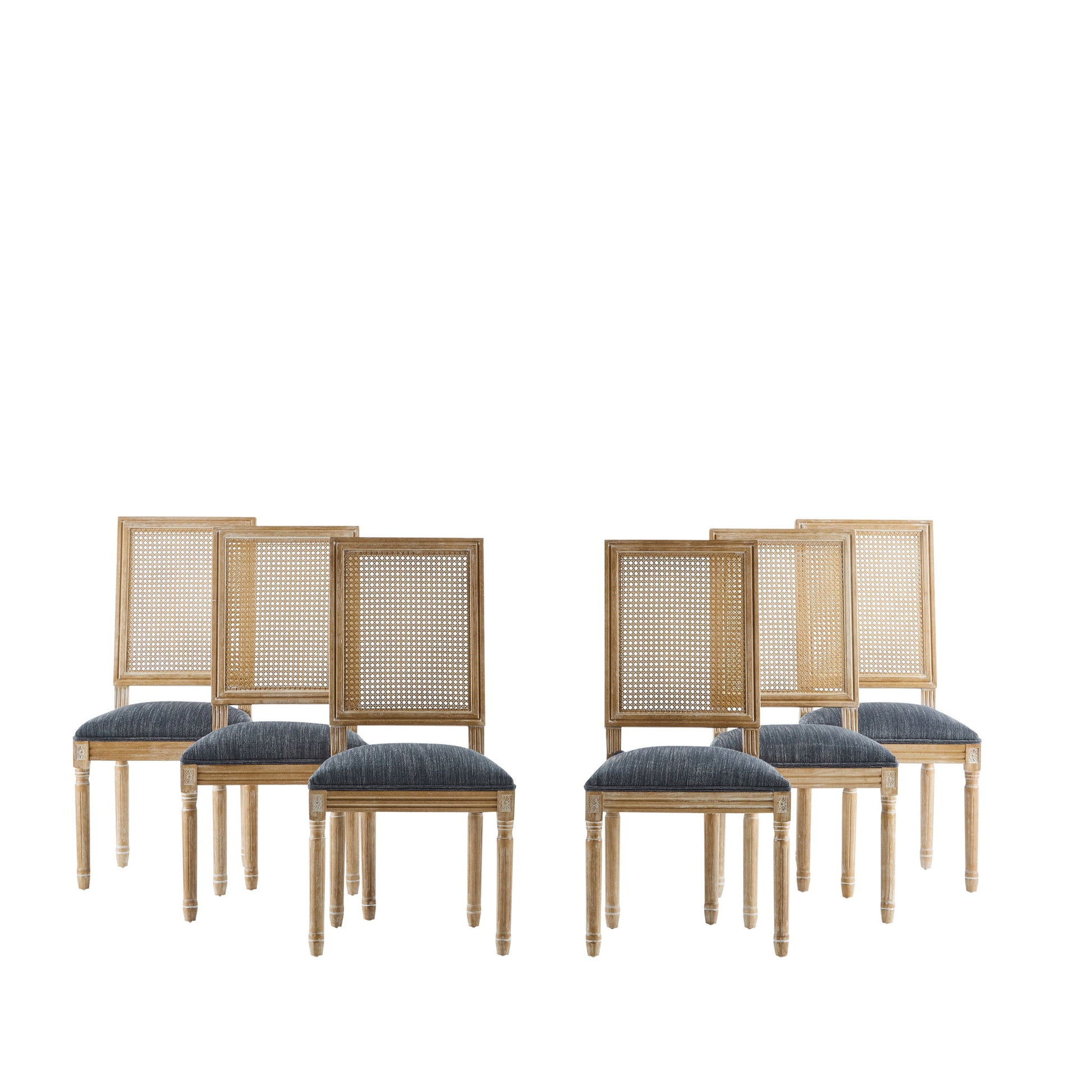 Six French Country Dining Chairs with rectangular cane backrests and smooth upholstered seats are arranged in two rows against a white background.