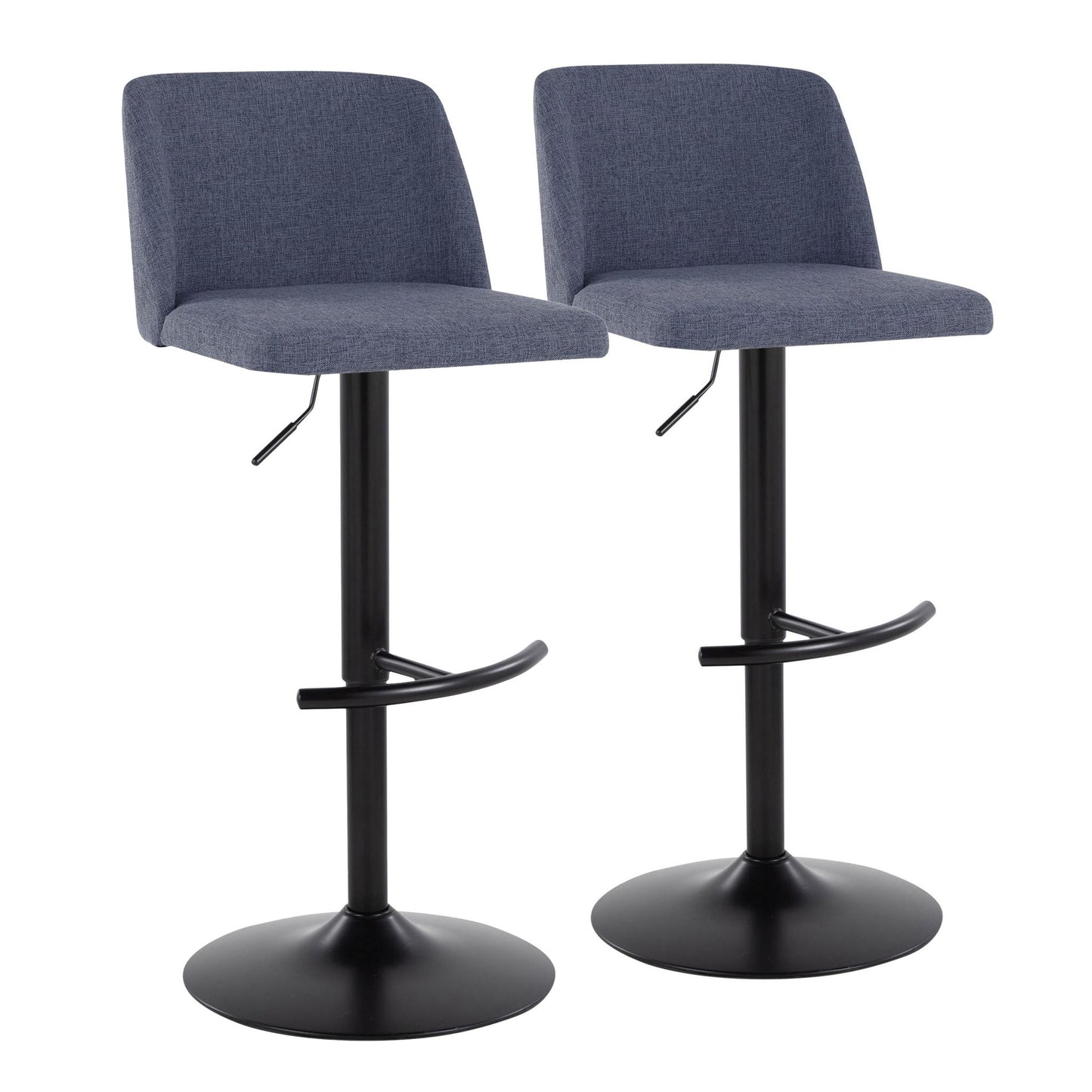 The Toriano Contemporary Adjustable Bar Stools (Set of 2) feature blue fabric seats, black metal bases, rounded T footrests, and height levers—stylishly arranged side by side on a white background.