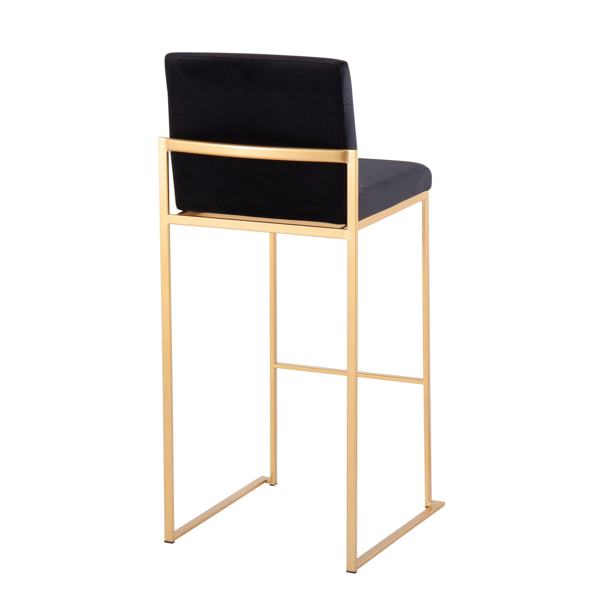 The Fuji - Contemporary Design High Back Barstool (Set of 2) features a black cushioned seat and backrest, a sleek gold metal frame, and an open-back design, shown angled to display the back and one side.