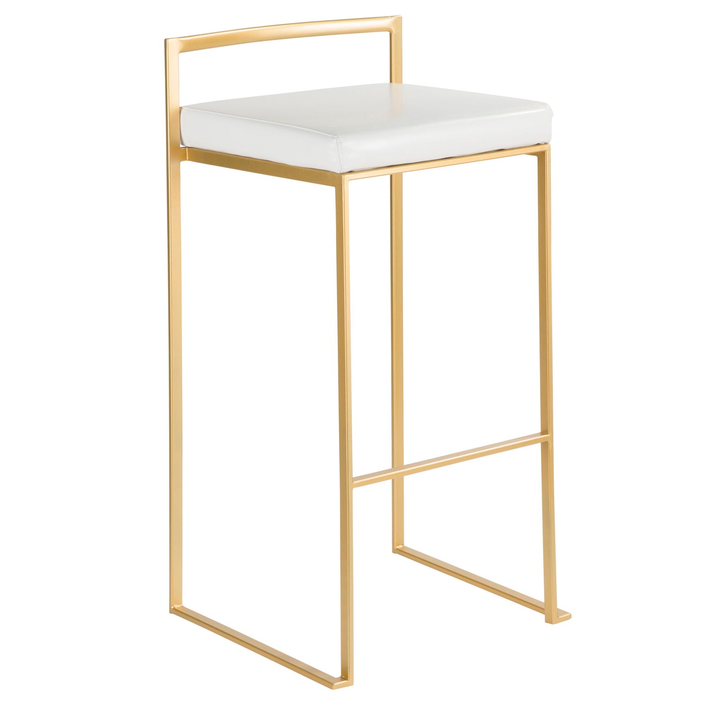 The Fuji Barstool features a minimalist gold metal frame, slim legs, and a white cushioned seat—an example of contemporary glam and quality construction.