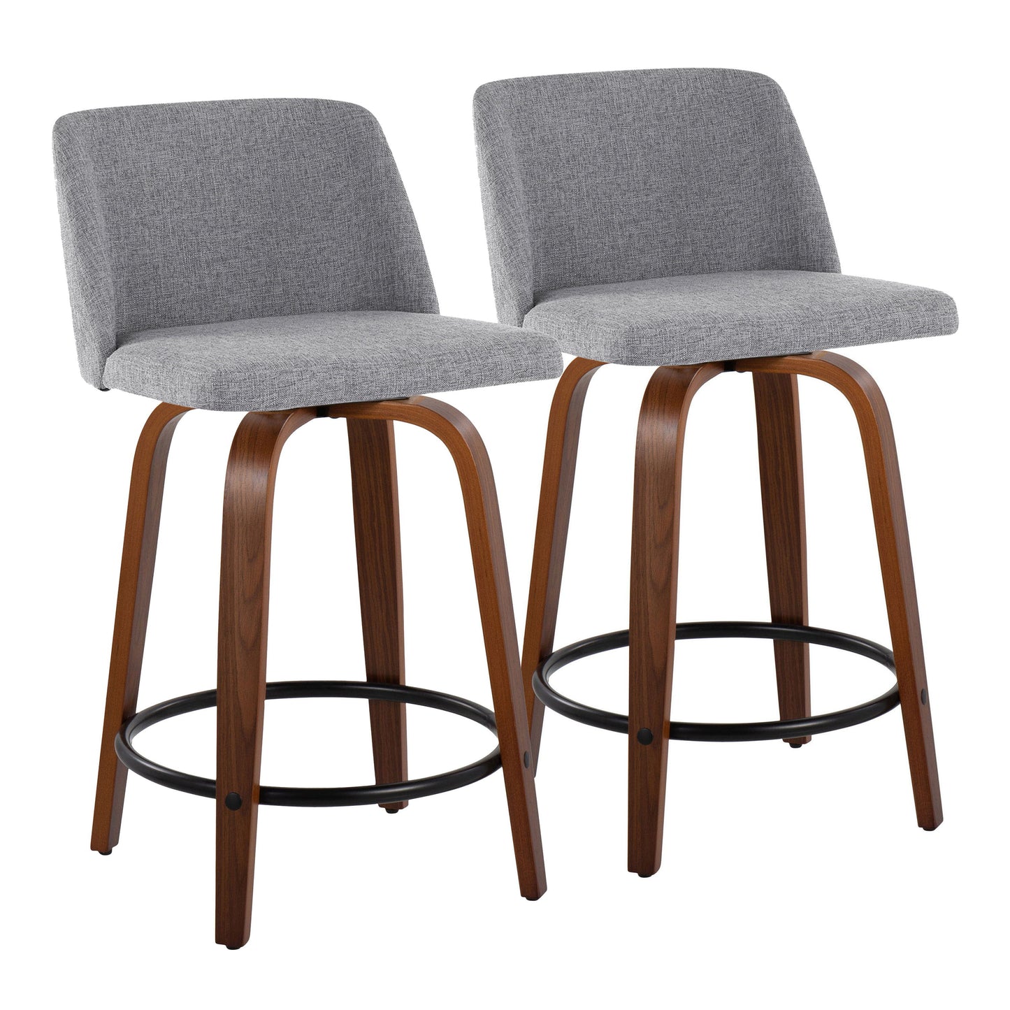 The Toriano set includes two mid-century modern, counter-height barstools with gray fabric cushioned seats and backs, curved wooden legs, and a black metal footrest for a sleek contemporary design.