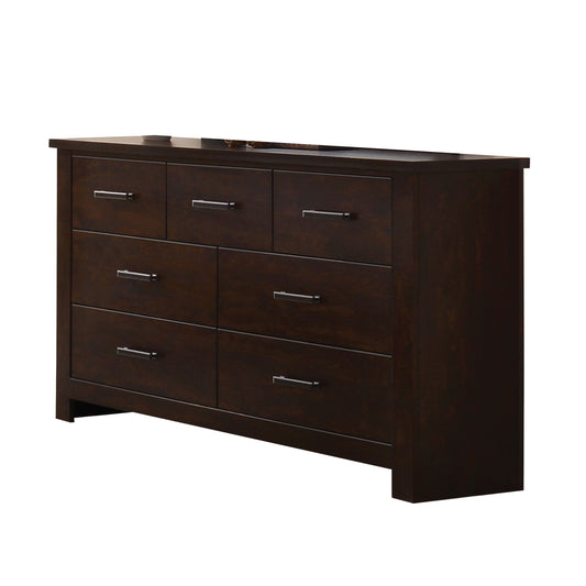The Panang Dresser in rich mahogany features seven drawers with sleek metal handles, displayed against a white background.