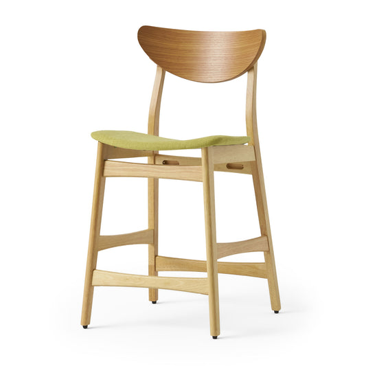 The Retro Modern Counter Height Chair Set features a natural wood frame, angled legs, and a curved seat back with light green cushioned seats. Shown against a white background.