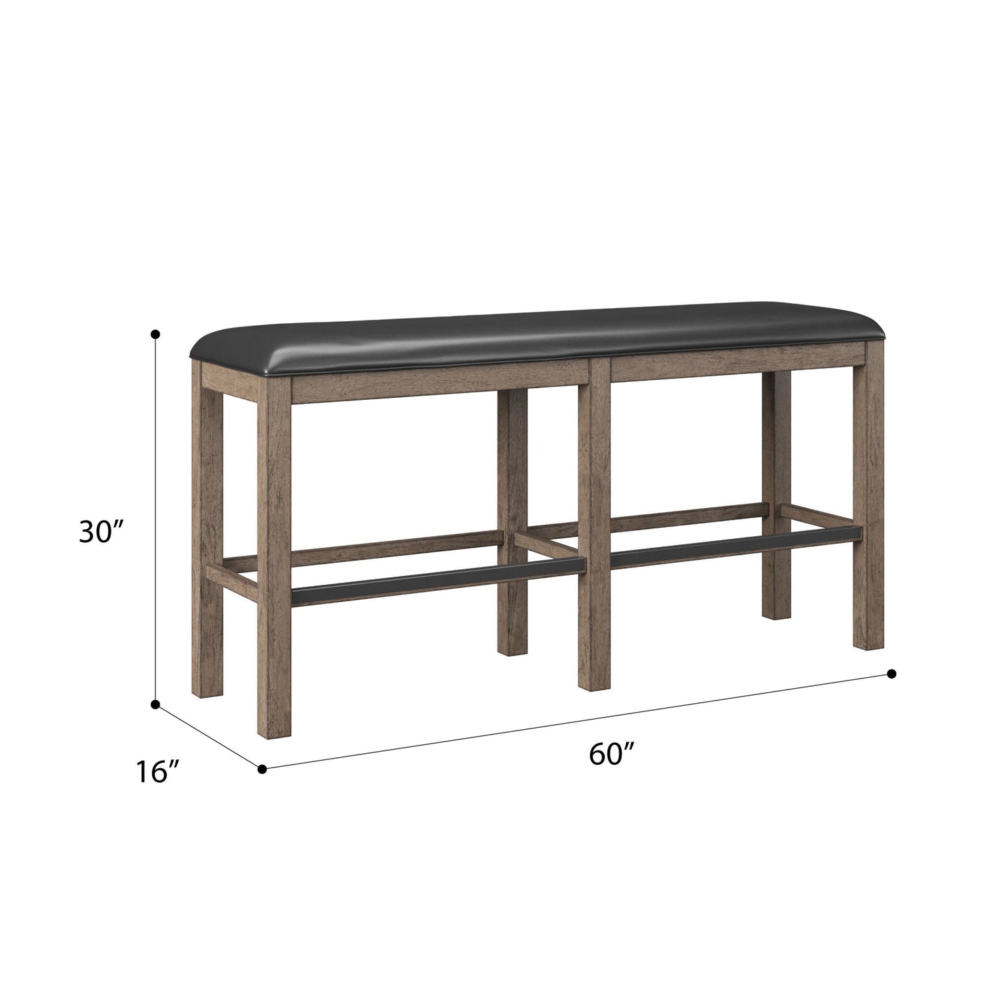 The Benti Bar Height Bench in brown features a black cushioned seat and measures 60"W x 16"D x 30"H, with dimensions clearly labeled around the bench.