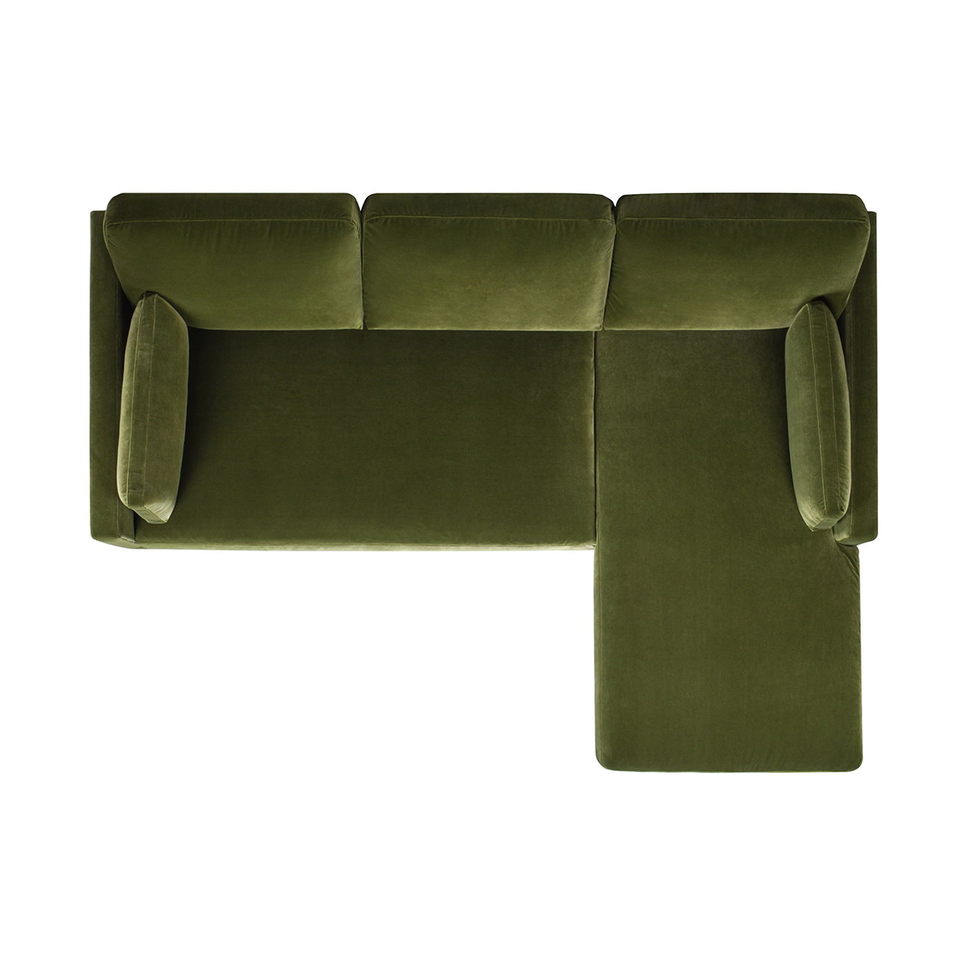 Top view of the Knox - Modern Farmhouse Reversible Chaise Sectional Sofa in green velvet, featuring three back cushions and two armrest pillows, displayed against a white background.