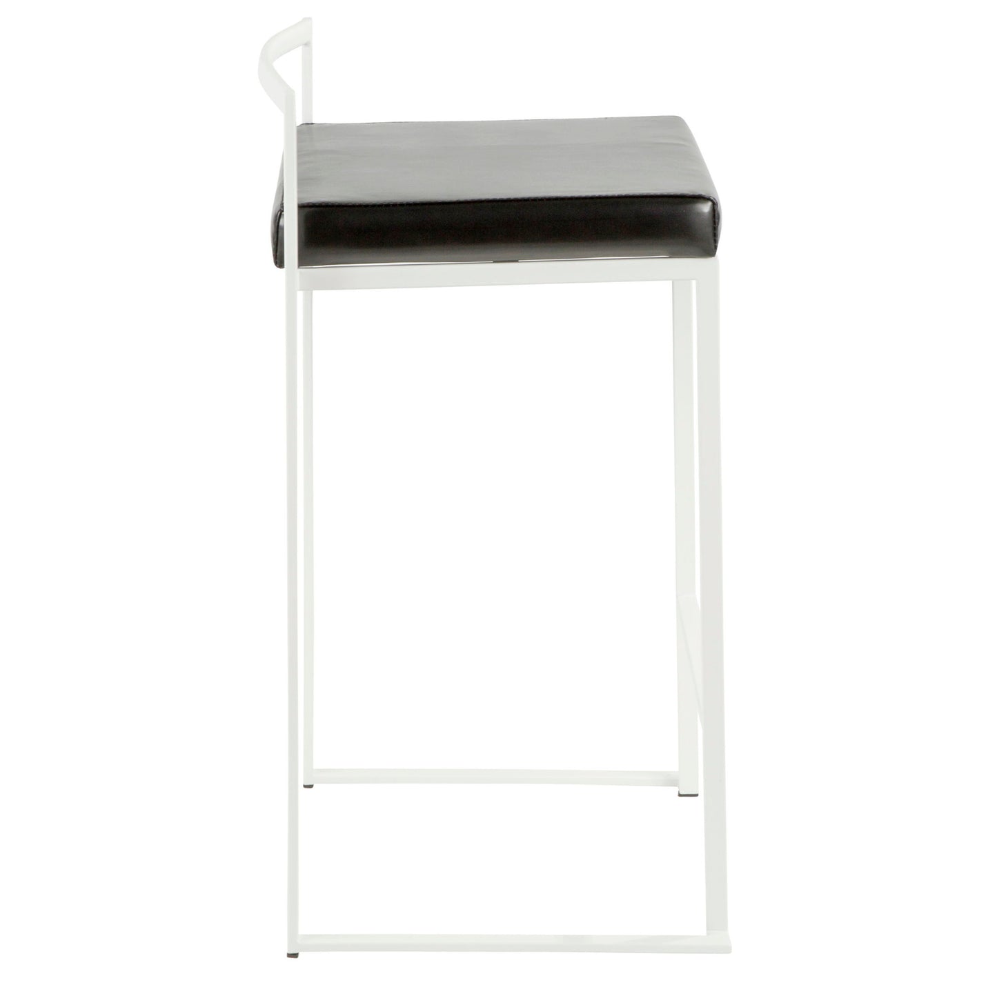 The Fuji - Simple Elegance, Contemporary Stackable Counter Stool features a slim white metal frame and a rectangular black cushioned seat, shown from the side against a white background.