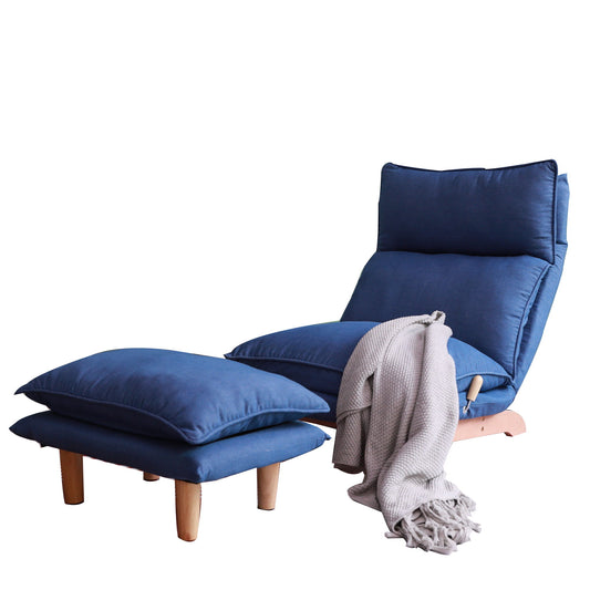 The Single Lazy Sofa Chair Leisure Foldable Reclining Chair features blue cushions, light wooden legs, and a matching ottoman. A light gray knitted throw blanket is draped over the chair, all set against a plain white background.