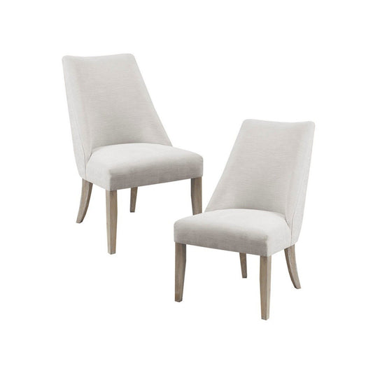 The Comfortable Dining Chair Upholstered (Set of 2) features two light beige high-back chairs with wooden legs, shown side by side on a white background.