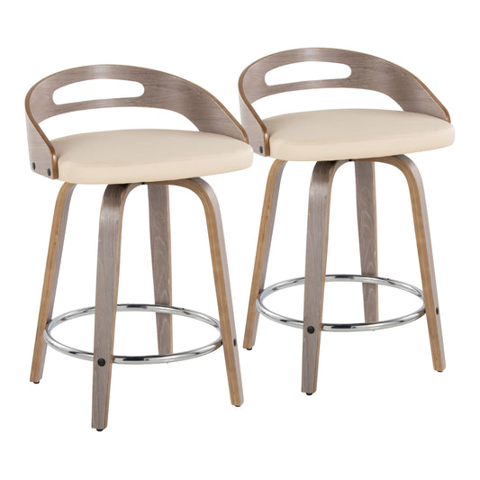 The Cassis set includes two mid-century modern fixed-height counter stools with swivel, light wood frames, curved backrests with cutout handles, beige cushioned seats, and round metal footrests on splayed legs.