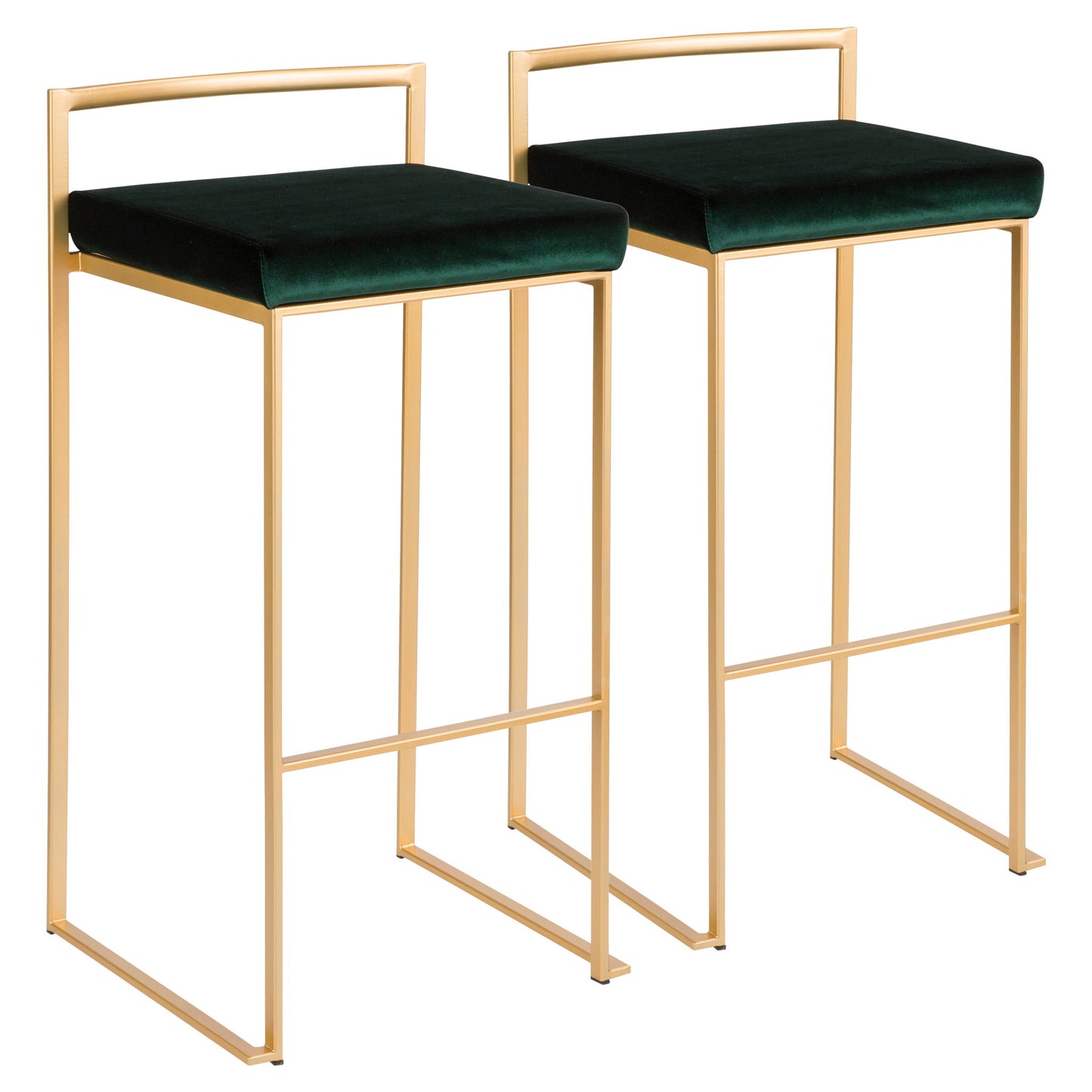 The Fuji barstool features contemporary glam design with gold metal frames, black cushioned seats, minimalist backrests, and sleek straight legs—sold as a set of two for stylish, quality seating.