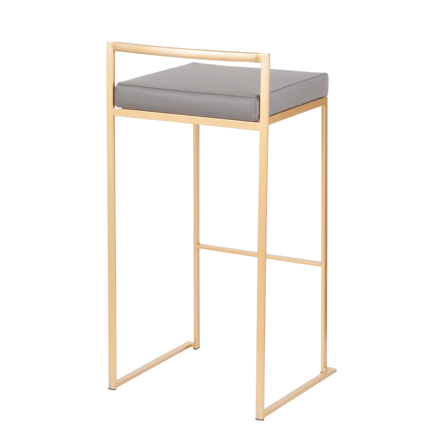 The Fuji Barstool features a contemporary glam design with a gold metal frame and a square gray cushioned seat, displayed at an angle on a white background.