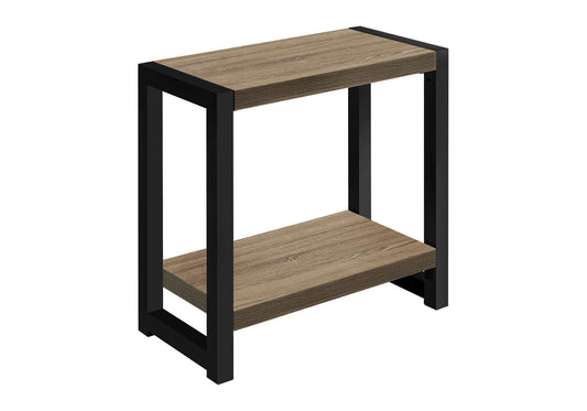 The Accent Side Table is a small, narrow 2-tier piece with a black metal frame and two light brown wooden shelves. Its contemporary and modern design suits any minimalistic space.
