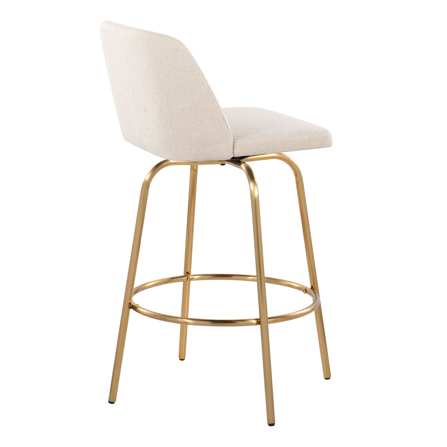The Toriano Counter Stool set features contemporary style with fixed height, beige upholstered seat and backrest, a gold metal frame with four legs, round footrest, and swivel function. Stool is angled to display the back and side.