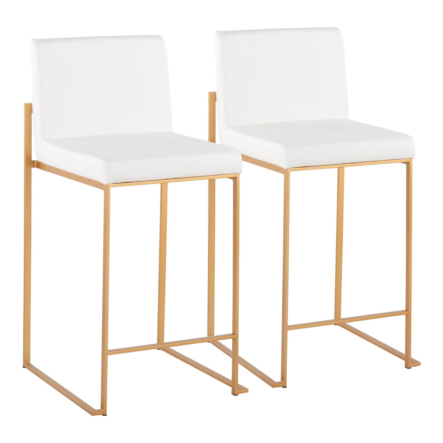 Two Fuji Contemporary High Back Stylish Counter Stools with white cushioned seats, sleek gold metal frames, and footrests are placed side by side on a white background.
