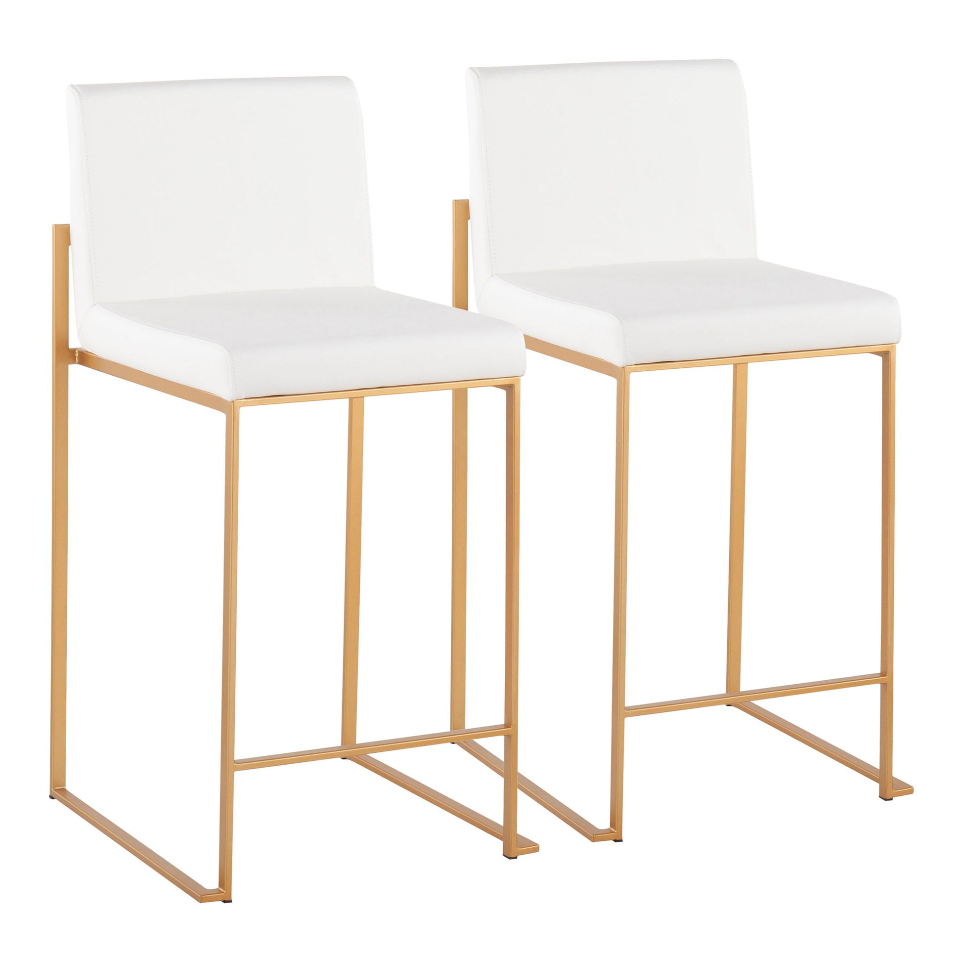 Two Fuji Contemporary High Back Stylish Counter Stools with white cushioned seats, sleek gold metal frames, and footrests are placed side by side on a white background.