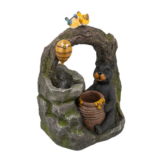 The Decorative Two Tiered Water Fountain features a woodland animal design in dark gray, with outdoor-friendly lighting and a pump, creating a charming and functional focal point for your garden or patio.