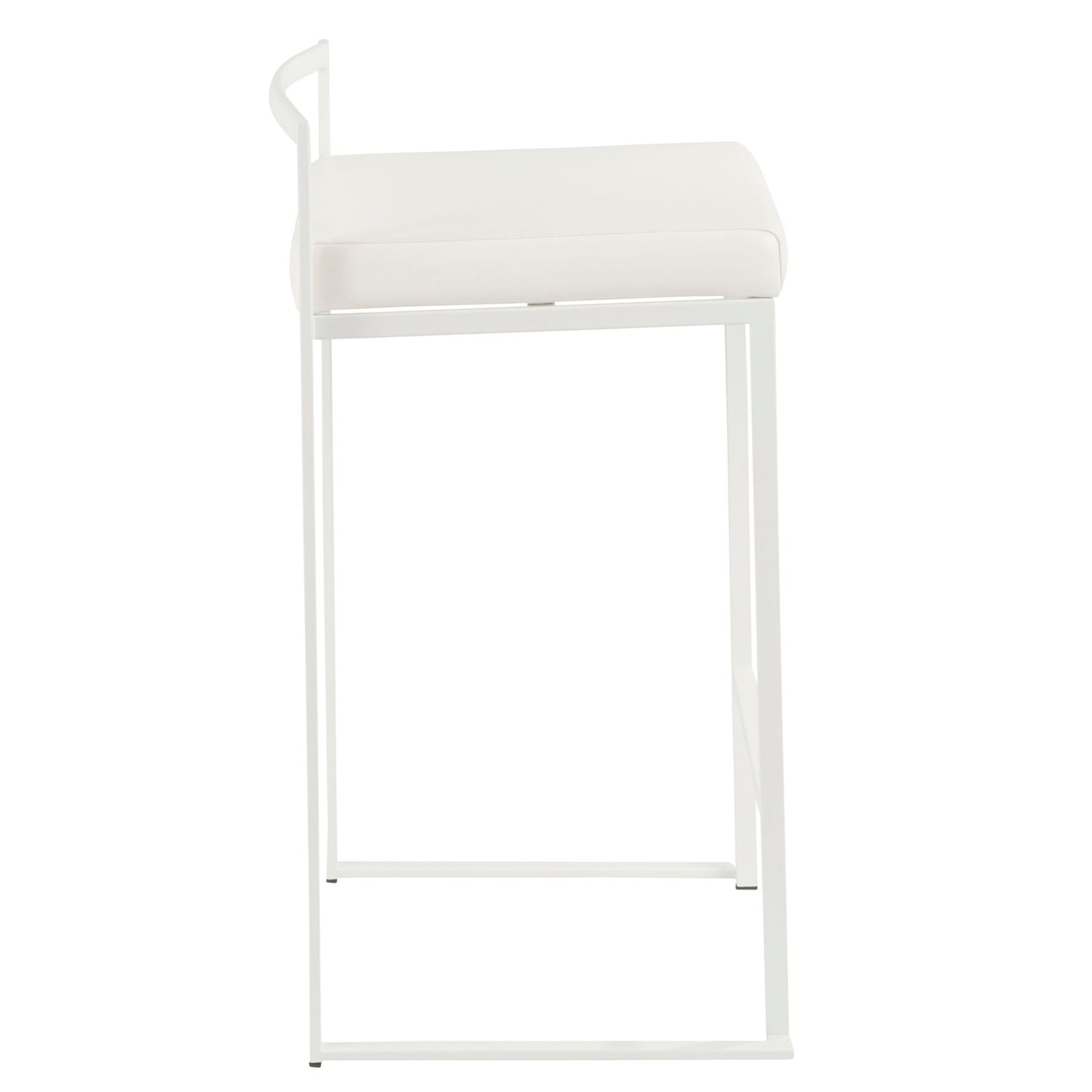 The Fuji - Simple Elegance, Contemporary Stackable Counter Stool features a minimalist white design with a slim metal frame, a rectangular cushioned seat, and low backrest, shown in profile against a white background.