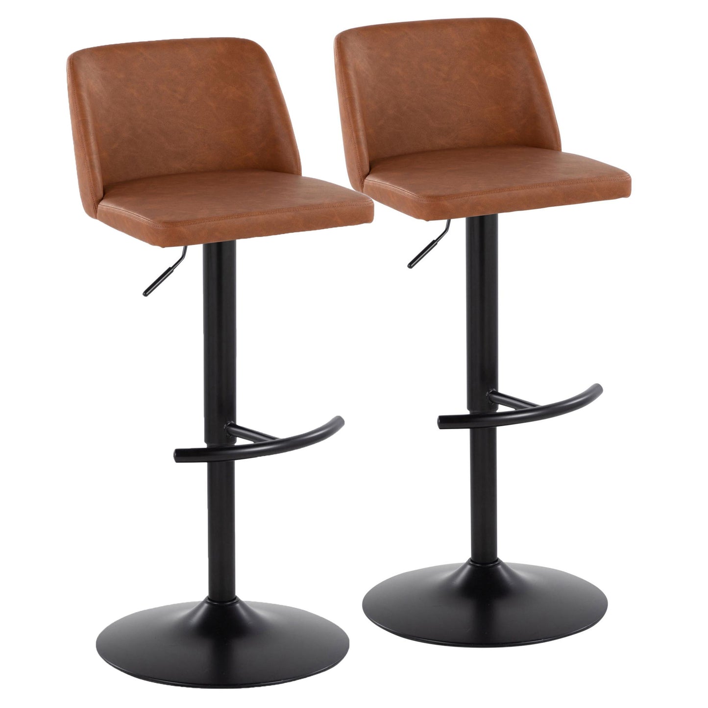 Set of 2 Toriano Contemporary Adjustable Bar Stools featuring brown leather seats and backs, black metal pedestal bases, and rounded T footrests. Height is adjustable with levers below the seats.