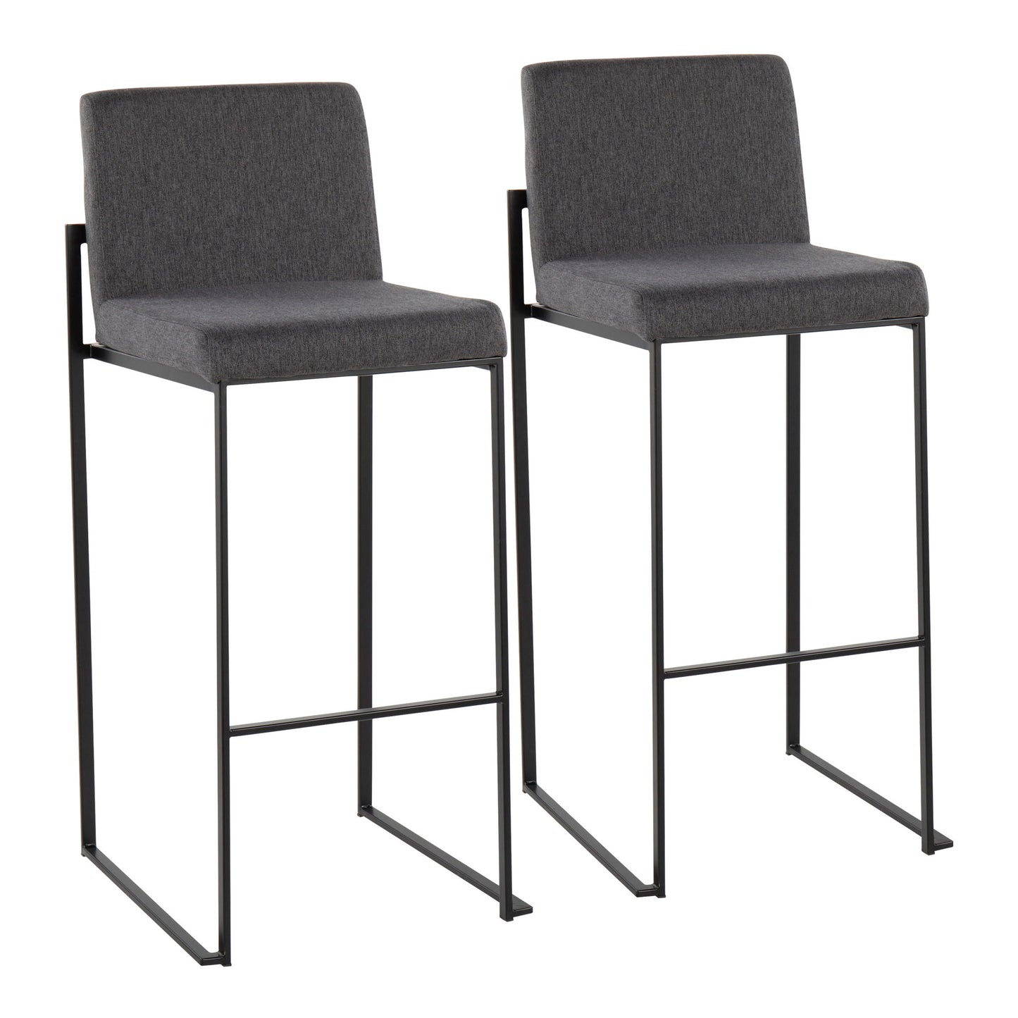 The Fuji Contemporary High Back Barstool features elegant gray upholstered seats and backs, black metal frames, a minimalist open-leg design, no armrests, and a sleek, contemporary look.