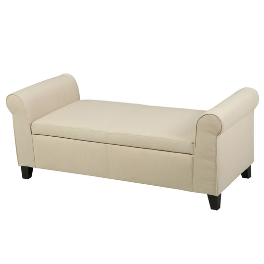 Glistening - Upholstered Storage Bench With Rolled Arms And Wood Legs - Beige