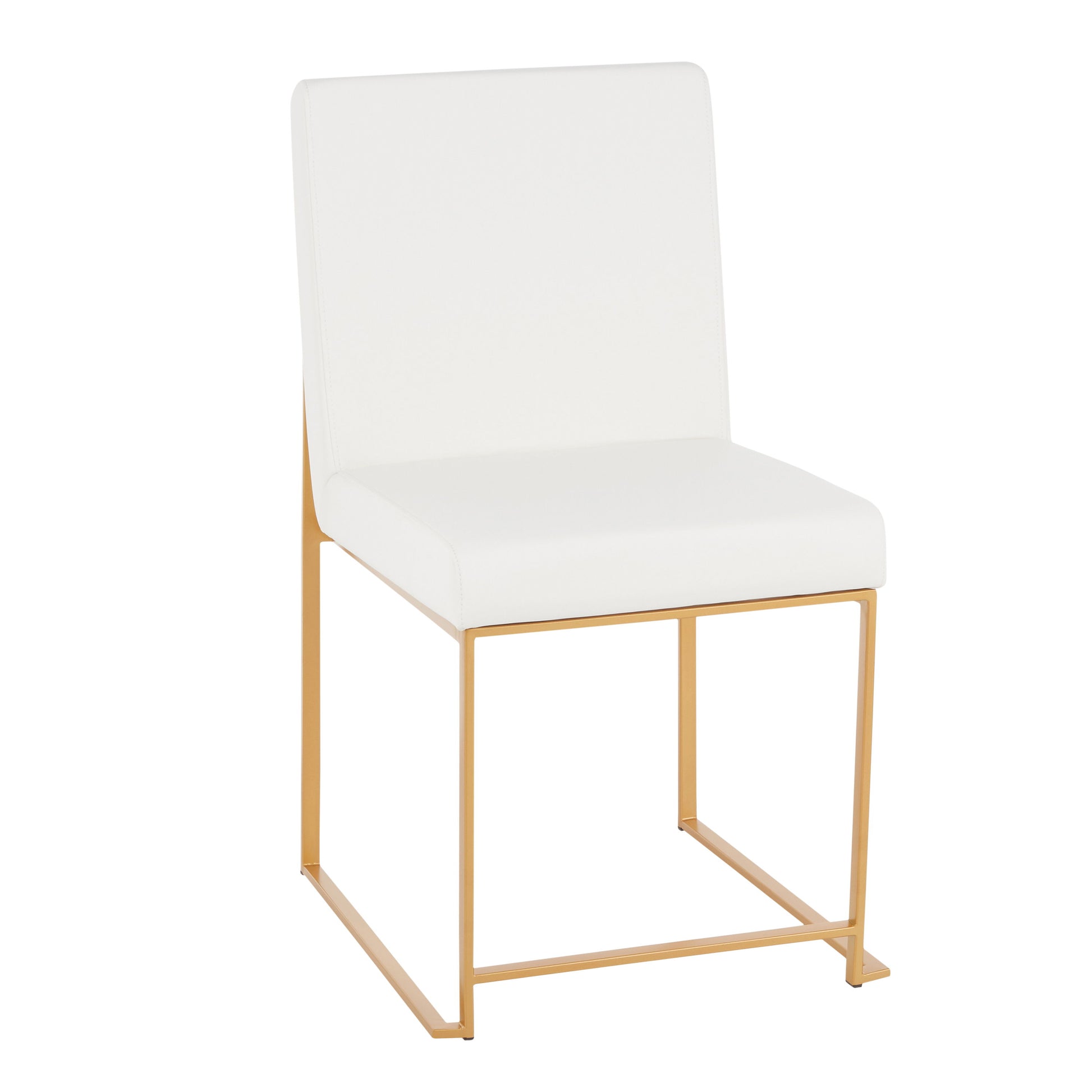The Fuji - Contemporary Stylish Frame High Back Dining Chair set includes two modern chairs featuring cushioned white seats and backrests with a sleek gold metal frame, minimalist design, square base, and no armrests for a contemporary look.