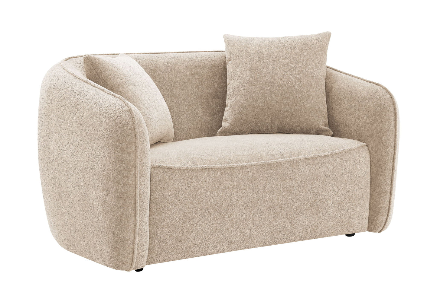 The Keith Chenille Loveseat features a modern design in light beige, with rounded arms and two matching color toss pillows, displayed on a white background.
