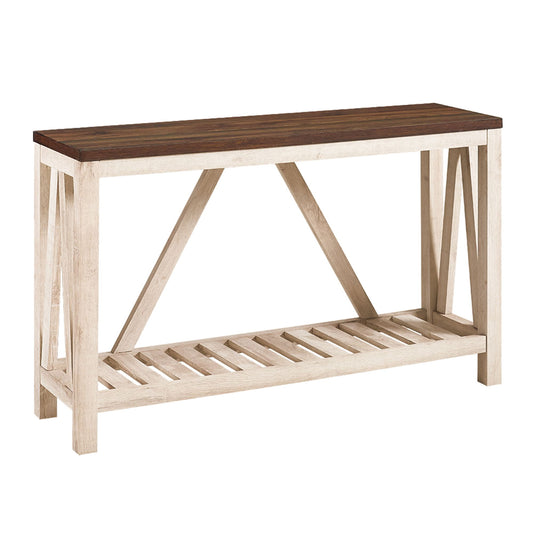 The Farmhouse A Frame Entry Table With Lower Shelf features a dark wood top, light wooden frame, X-shaped side supports, slatted lower shelf for storage, and a simple rustic design.