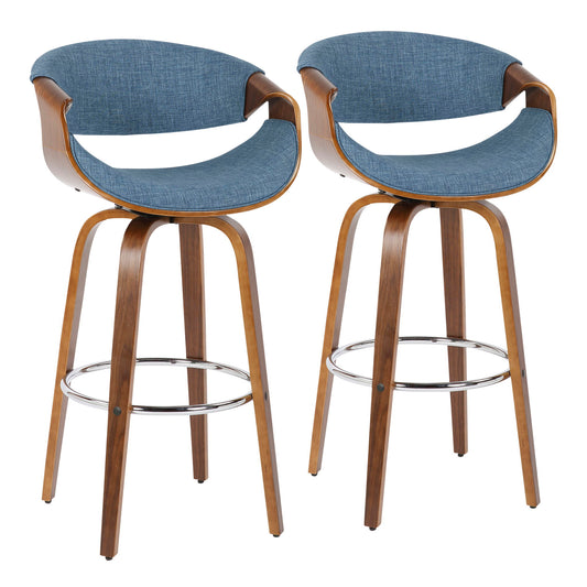 A pair of Curvini Mid-Century Modern Fixed Height Barstools with swivel, featuring curved wooden frames, blue cushioned seats and backs, plus chrome footrests, positioned side by side.