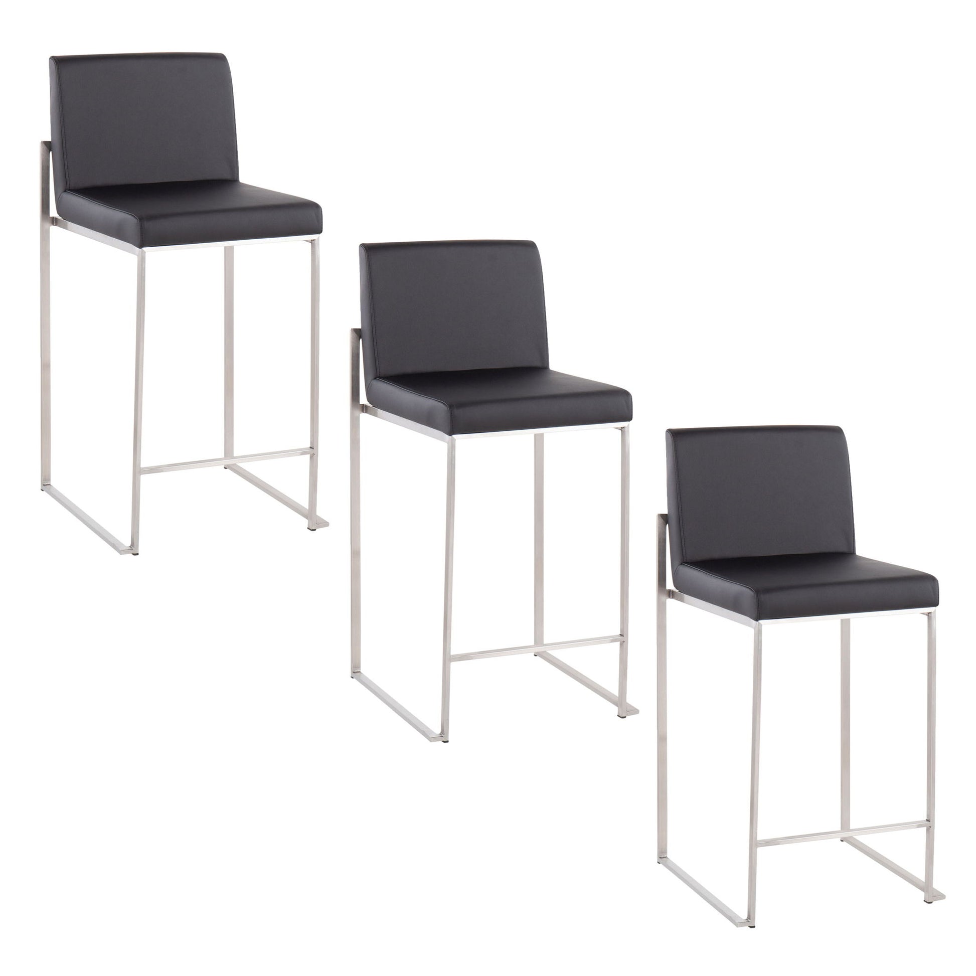 Three Fuji Contemporary High Back Counter Stools feature black cushioned seats and backs with sleek silver metal legs, arranged diagonally on a white background for a modern, functional design.